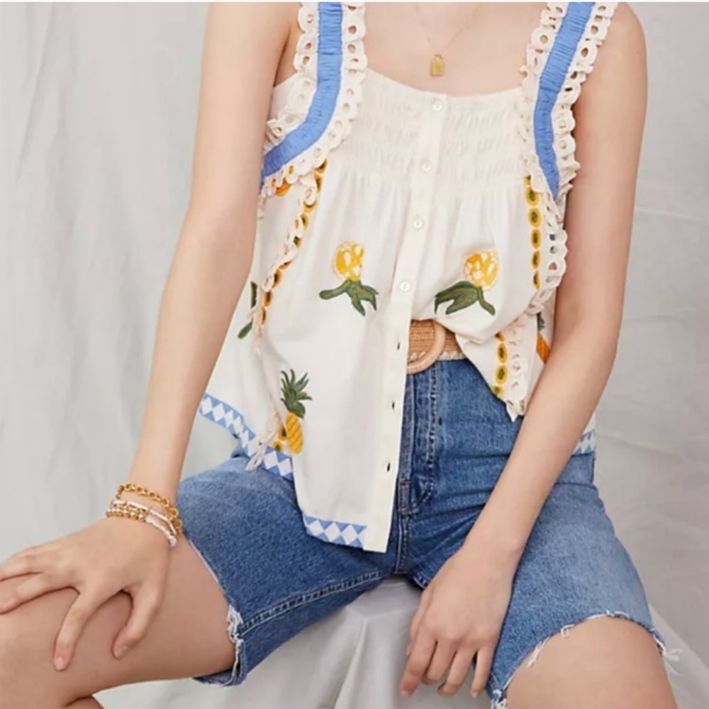 Anthropologie Seen Worn Kept Embroidered Pineapple Cottage Core Tank
